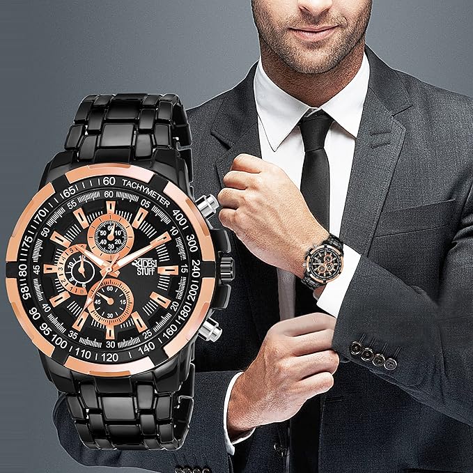 SWADESI STUFF Men's Chronograph Watch, 50mm Black Stainless Steel Band, Rose Gold Accents, Quartz Movement