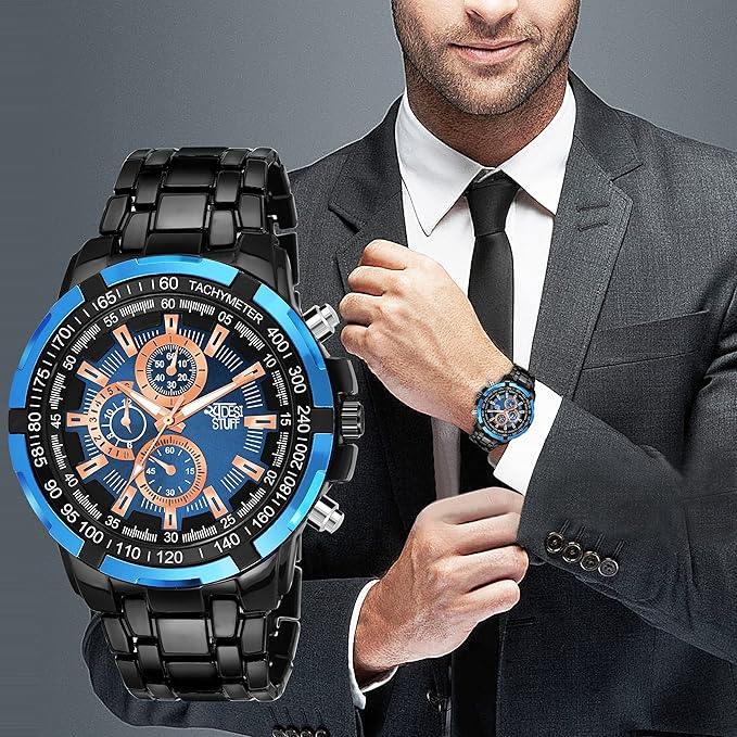 SWADESI STUFF Men's Chronograph Watch, 50mm Black Stainless Steel Band, Rose Gold Accents, Quartz Movement