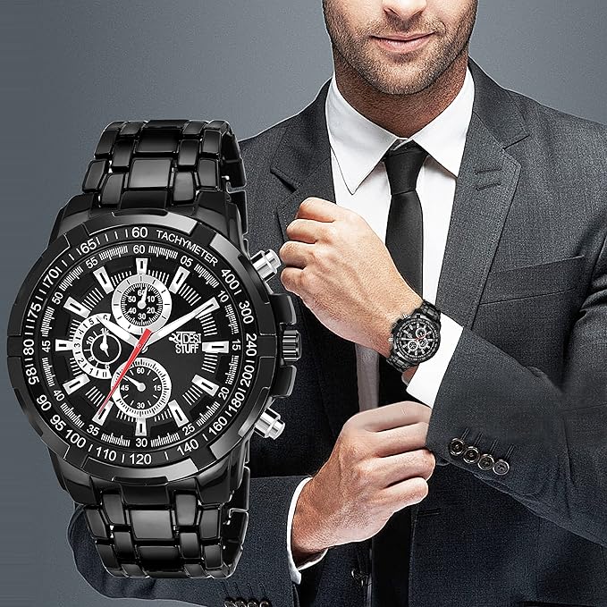 SWADESI STUFF Men's Chronograph Watch, 50mm Black Stainless Steel Band, Rose Gold Accents, Quartz Movement