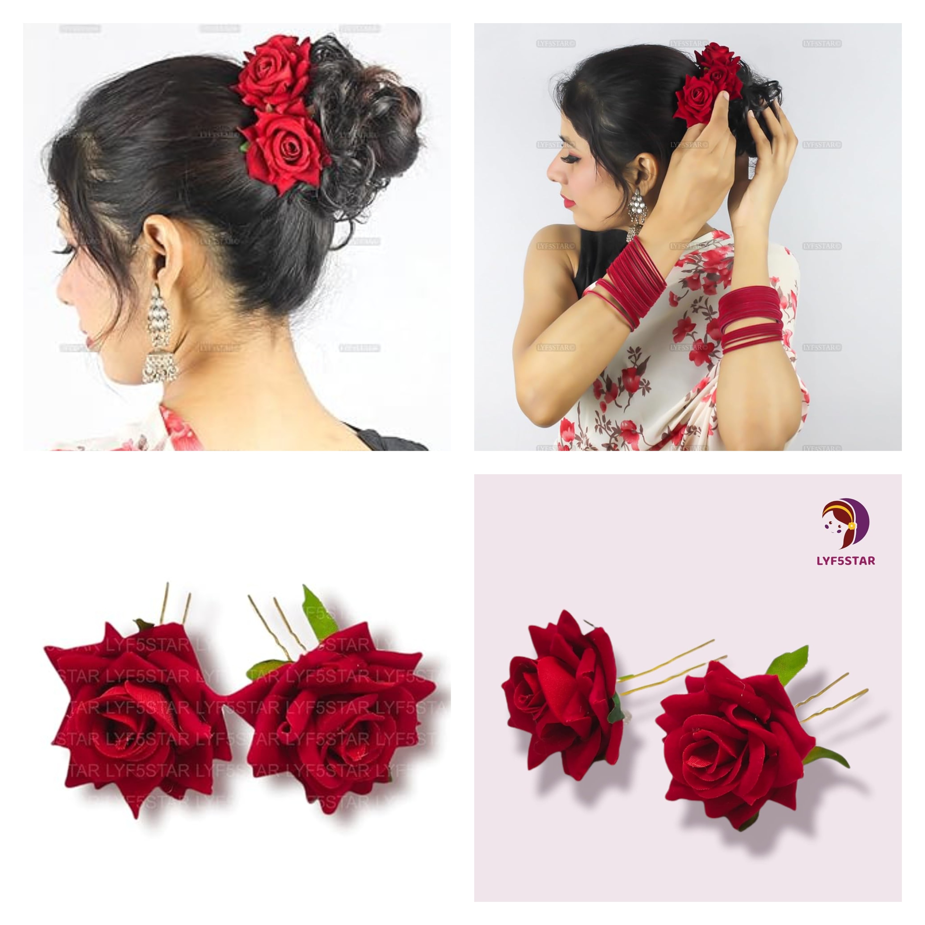 Handmade Bride Red Rose Floral Juda Pin For Women| Elegant Rose Wedding Hair Accessories |Traditional Indian Hair Accessories for Women & Girls|Pack Of 2