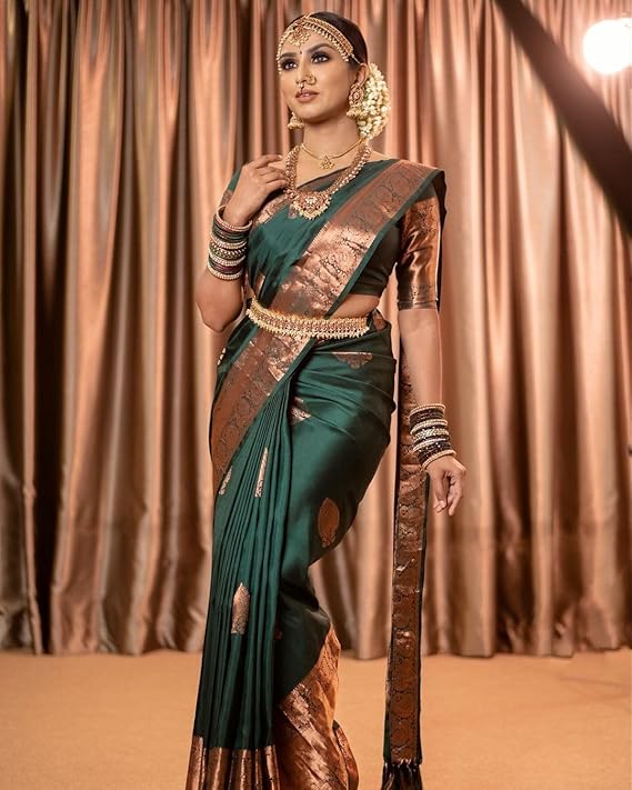 Yashika Women's Banarasi Kanjivaram Cotton Silk Woven Saree with Unstitched Blouse Material (AZ-YS-OG-BIMLA GREEN)