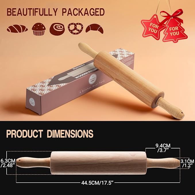 Classic Wooden Rolling Pin 17.5 Inch, Rotating Centre Dough Roller with Rolling Pin Long, Large, Used by Bakers & Cooks for Pizza Dough, Cookies, Pastries, Pasta, roti Maker (Pack of 1)