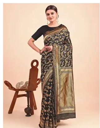 Woven, Embellished Kanjivaram Art Silk, Pure Silk Saree  (Black)