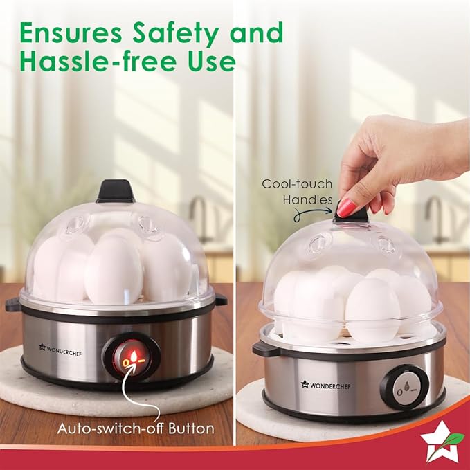 Wonderchef Essenza Instant Egg Boiler | 7 Poachers | 350 W |Stainless Steel Cool-touch Body | Auto Shut-off | Steaming Rack, Measuring Cup with Piercing Pin, Glass Lid with Steam Vent |2-Year Warranty
