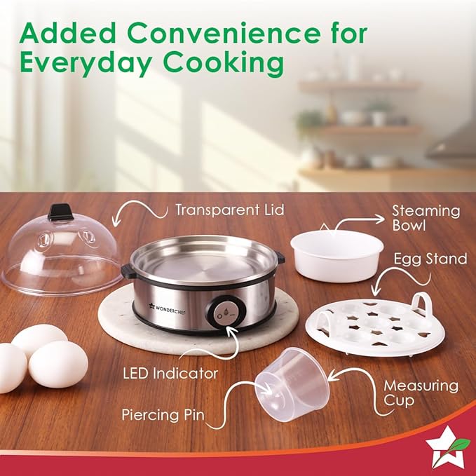 Wonderchef Essenza Instant Egg Boiler | 7 Poachers | 350 W |Stainless Steel Cool-touch Body | Auto Shut-off | Steaming Rack, Measuring Cup with Piercing Pin, Glass Lid with Steam Vent |2-Year Warranty