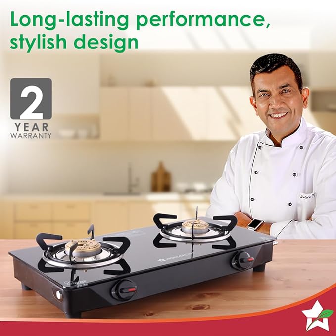 Wonderchef Zest Neo Cooktop | 2 Burners (1 Medium, 1 Small) | Premium Glass Surface | Space Saving Design | Brass Burners | ISI Approved | Free Gas Lighter and Kitchen Knife | 2-Year Warranty