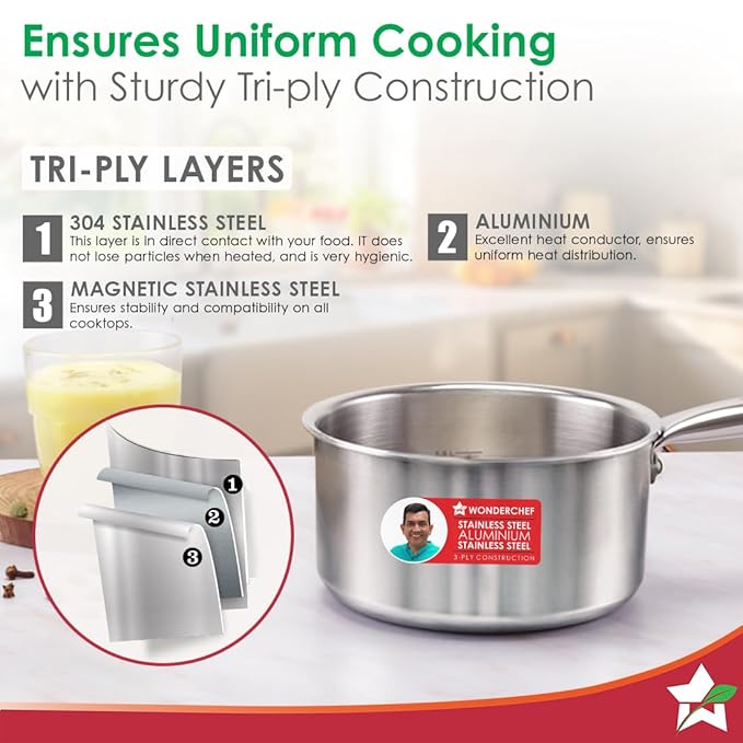 Wonderchef Stella Triply Stainless Steel Milk Pan | 16 cm, 1.7 litres