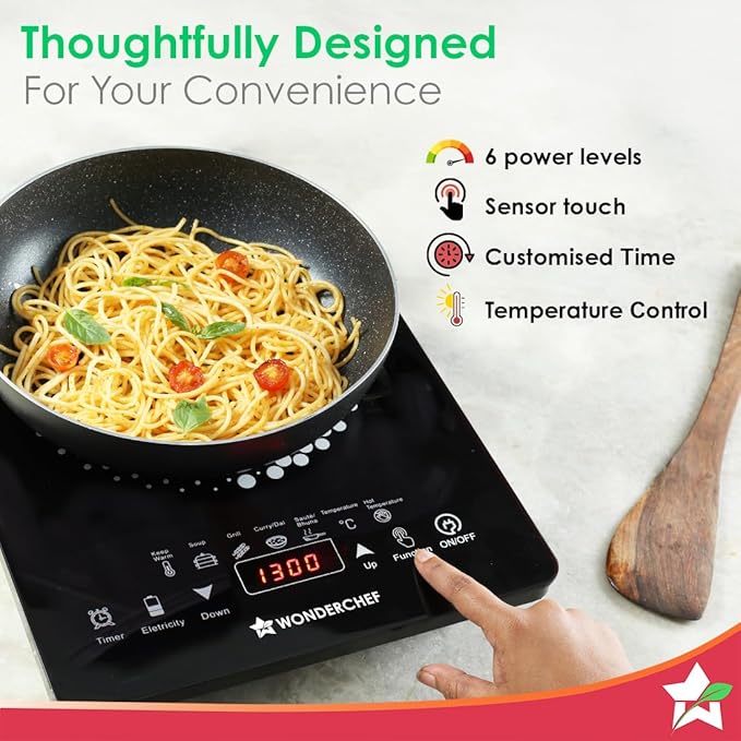Wonderchef Easy Cook Hot Plate Infrared Cooktop with Feather Touch Control & 6 Power Settings|2200 Watt Induction Cooktop| LED Digital Panel | Smart Touch Buttons| 1 Year Warranty
