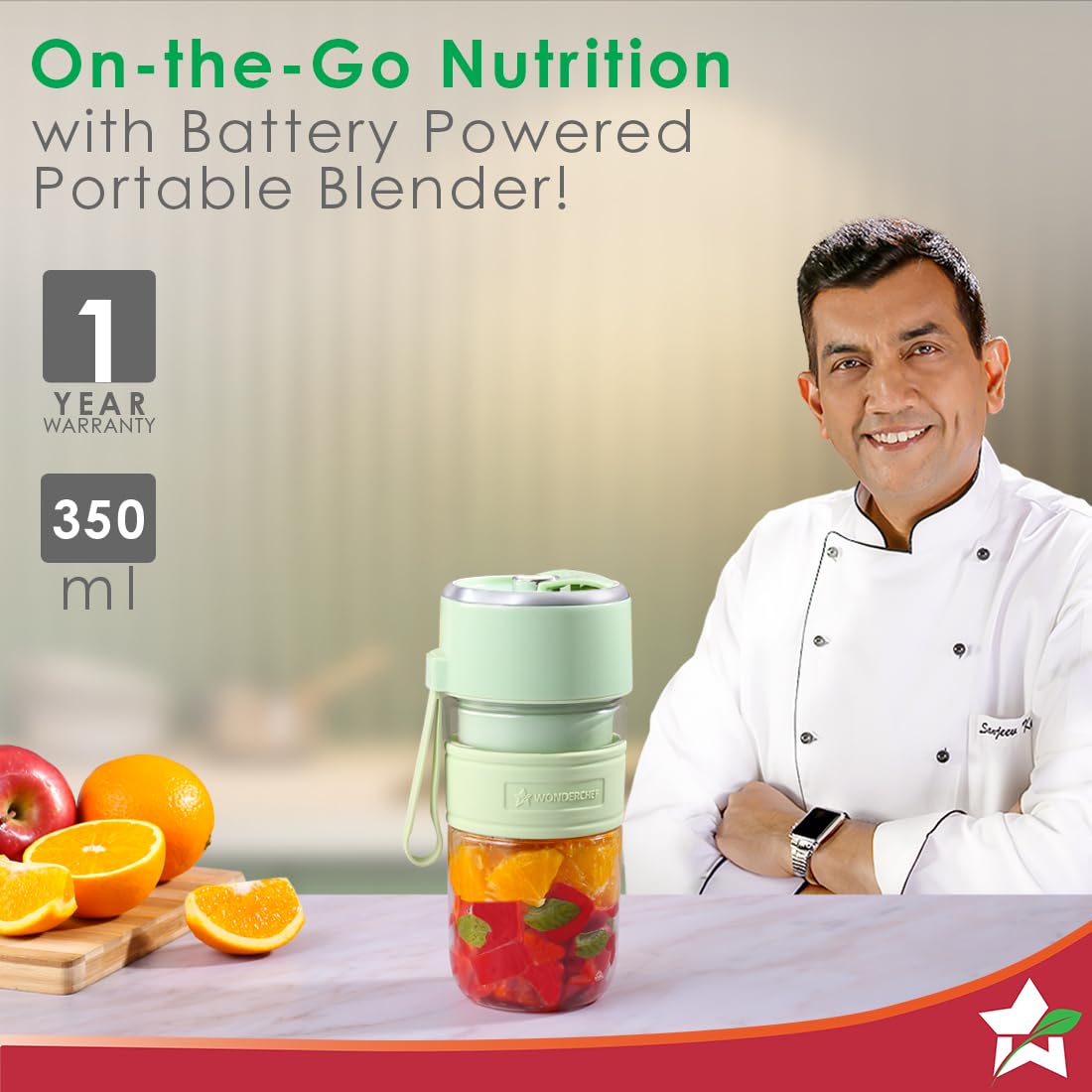 Wonderchef Nutri-cup Zip Portable Blender | 350ml | Blend & Sip with Flip Top Sipper Lid | For Smoothies, Juices, Shakes, Coffee | 2000 mAh Battery | 20 Blending Cycles in One Charge | Type C Charging