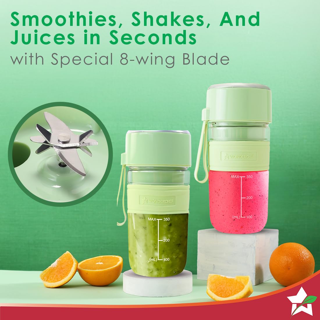 Wonderchef Nutri-cup Zip Portable Blender | 350ml | Blend & Sip with Flip Top Sipper Lid | For Smoothies, Juices, Shakes, Coffee | 2000 mAh Battery | 20 Blending Cycles in One Charge | Type C Charging
