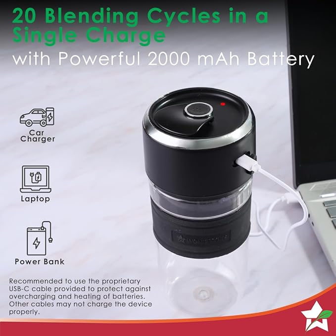 Wonderchef Nutri-cup Zip Portable Blender | 350ml | Blend & Sip with Flip Top Sipper Lid | For Smoothies, Juices, Shakes, Coffee | 2000 mAh Battery | 20 Blending Cycles in One Charge | Type C Charging