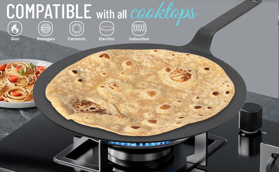 Esspy 26cm/10inch Pre-Seasoned Cast Iron Roti, Chapati Tawa, Dosa Tawa with Handle, Dosa Kallu, Iron Tawa Pan, Cast Iron Cookware