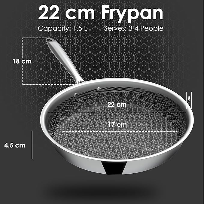 Esspy Triply Stainless-Steel Frying Pan | Honeycomb Pattern Fry Pan | Omelette Pan Non Stick | Gas & Induction Compatible | Riveted Handle | Food Safe & PFOA Free | Scratch Resistant(22 CM/1.5 L)