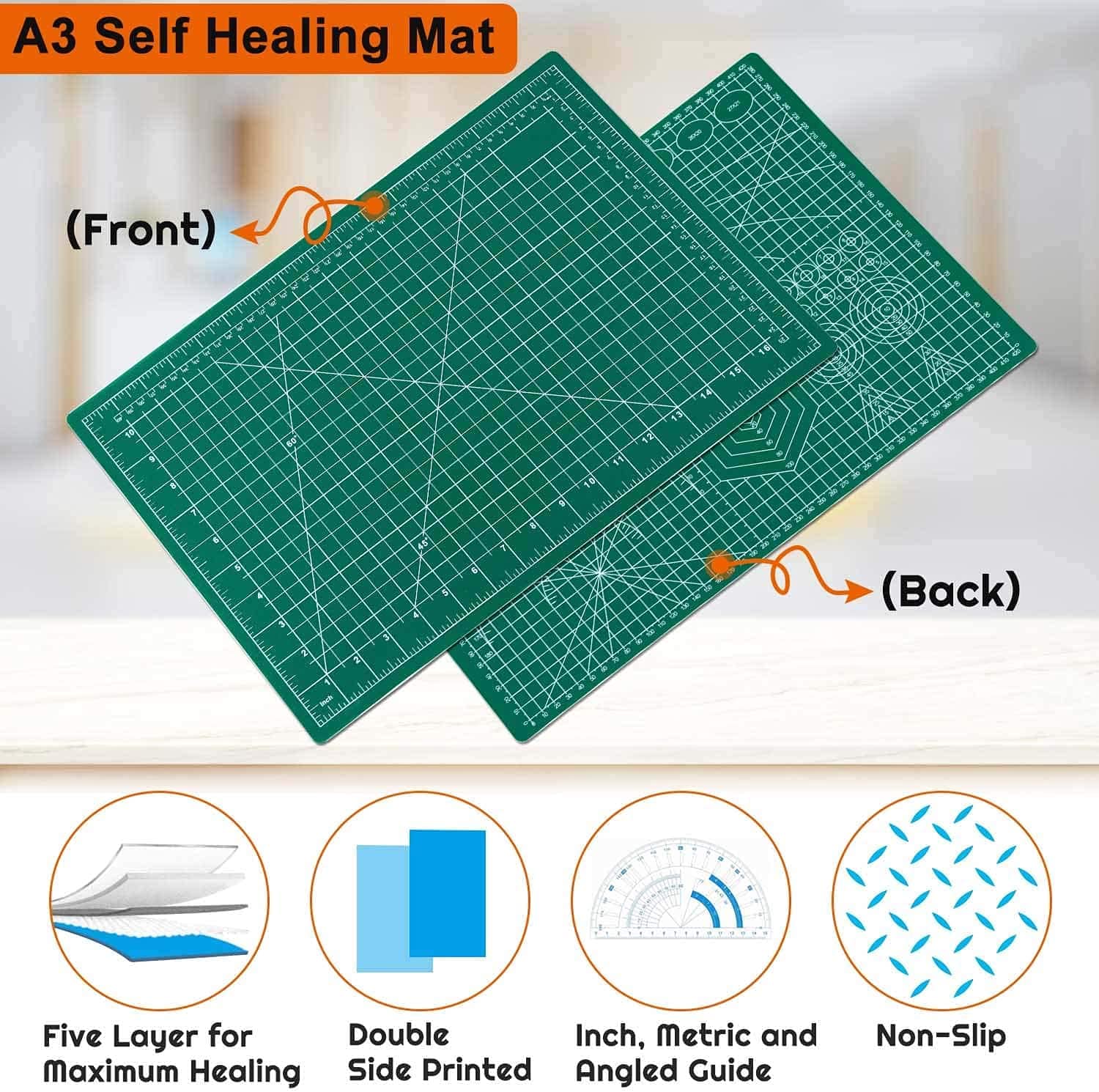 HOME BUY Rubber Professional Cutting Mat A3 Self-Healing 5 Layers Double Sided Durable Non-Slip PVC 18" X 12" Inch (Green)