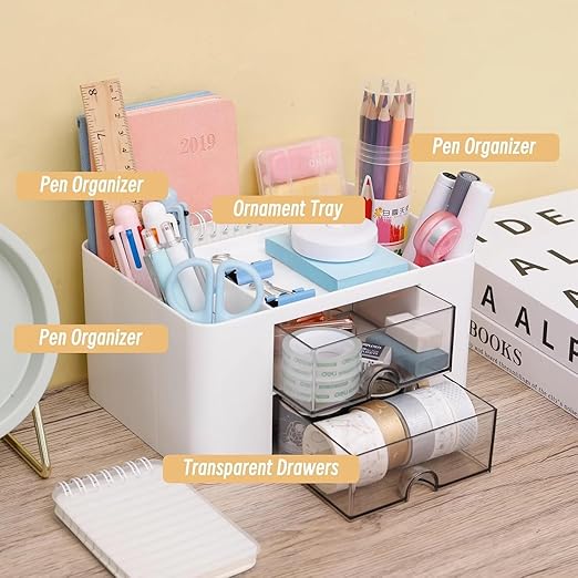 Zollyss Multi-functional Desk Organiser with 5 Compartments & 2 Drawer Desktop Office Supplies Stationery Storage Box Cosmetic Organizer for Pens Staplers Clips Sticky Notes (White)