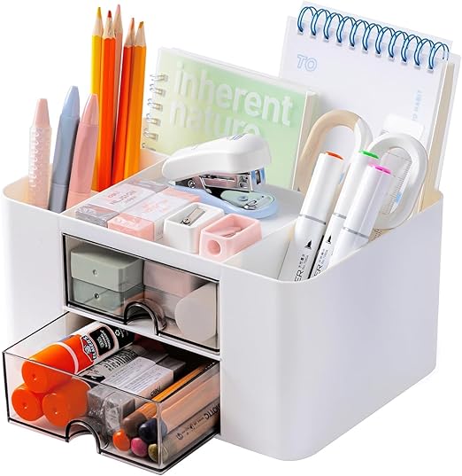 Zollyss Multi-functional Desk Organiser with 5 Compartments & 2 Drawer Desktop Office Supplies Stationery Storage Box Cosmetic Organizer for Pens Staplers Clips Sticky Notes (White)