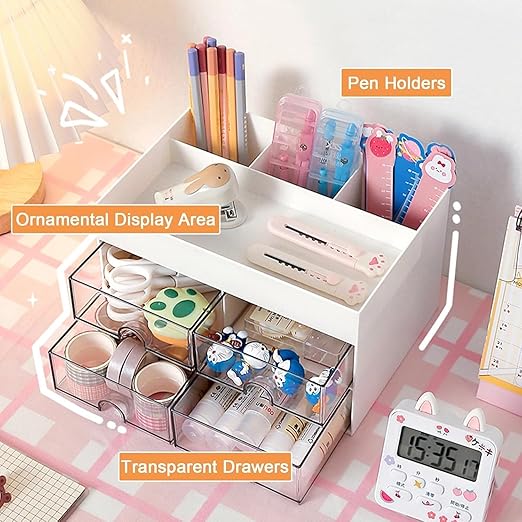 Zollyss Plastic Multi-Functional Desk Organizer With 4 Compartments & 4 Drawer Desktop Office Supplies Stationery Storage Box Cosmetic Organizer For Pens Staplers Clips Sticky Notes (White)