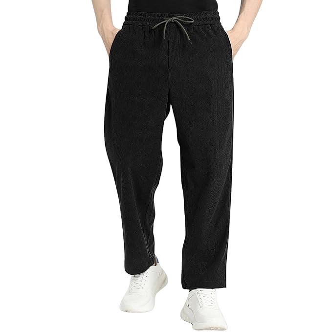 SWADESI STUFF Men's Corduroy Track Pants | Self Design, Mid-Rise Fit, Flexi Waistband - Retro-Inspired Straight Fit Lounge & Casual Wear