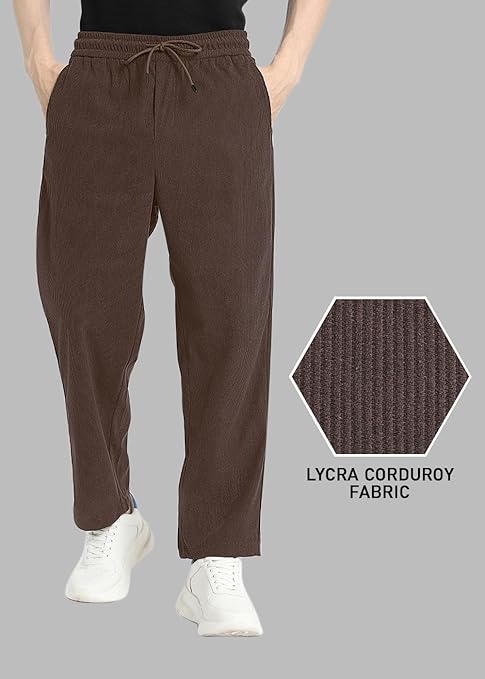 SWADESI STUFF Men's Corduroy Track Pants | Self Design, Mid-Rise Fit, Flexi Waistband - Retro-Inspired Straight Fit Lounge & Casual Wear