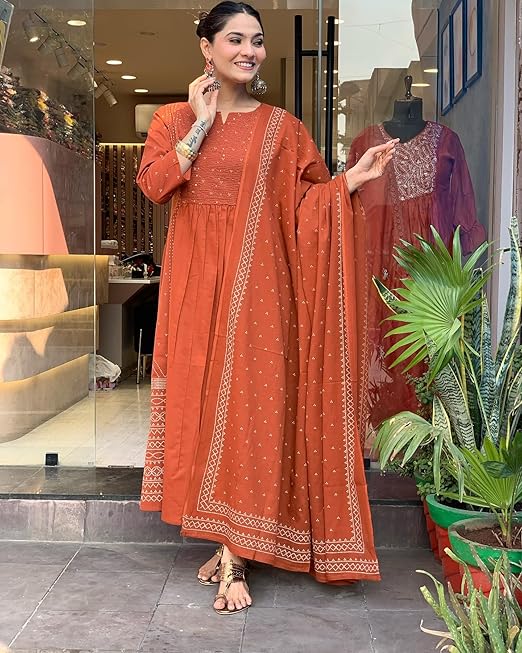 ANNI DESIGNER Women's Rayon Viscose Anarkali Printed Kurta with Pant & Dupatta