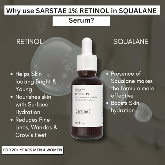 Sarstae 1% Retinol in Squalane Face Serum For Anti Aging | Night Face Serum With Retinol & in Squalane to Reduce Fine Lines & Wrinkles |30 ml