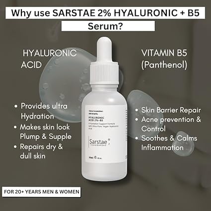 Sarstae 2% Hyaluronic Acid + B5 Face Serum for Daily Hydration, Plump & Supple Skin | A Super Hydrating Serum to repair dry & dull skin | 30ml
