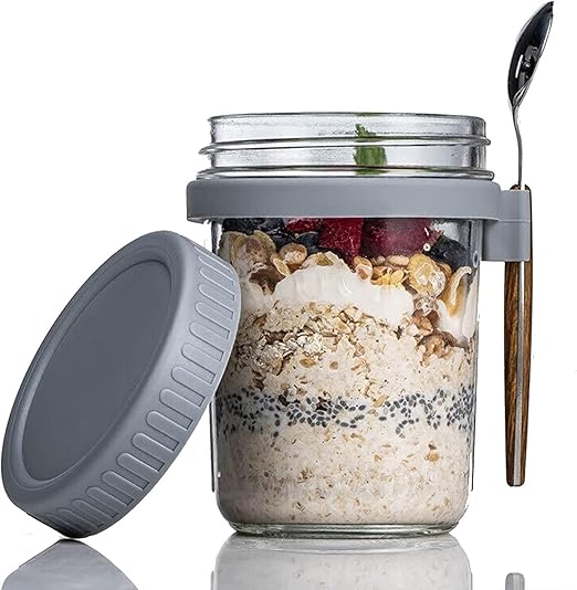 ARUZEN Overnight Oats Containers with Lids and Spoons, 16 oz Glass Mason Overnight Oats Jars, Large Capacity Airtight Jars for Milk, Cereal, Fruit PACK OF (1)
