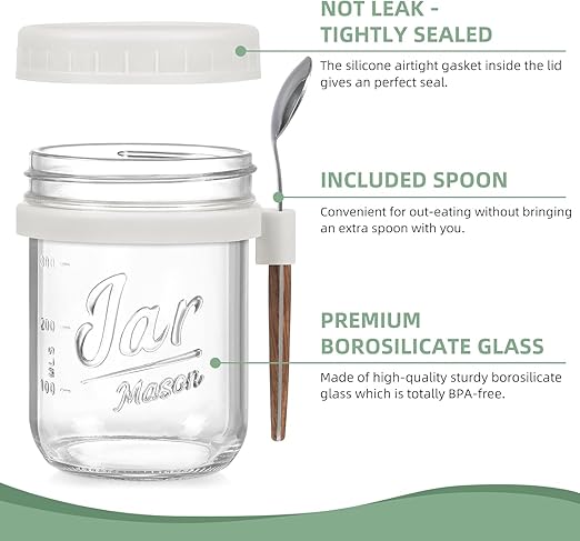 ARUZEN Overnight Oats Containers with Lids and Spoons, 16 oz Glass Mason Overnight Oats Jars, Large Capacity Airtight Jars for Milk, Cereal, Fruit PACK OF (1)