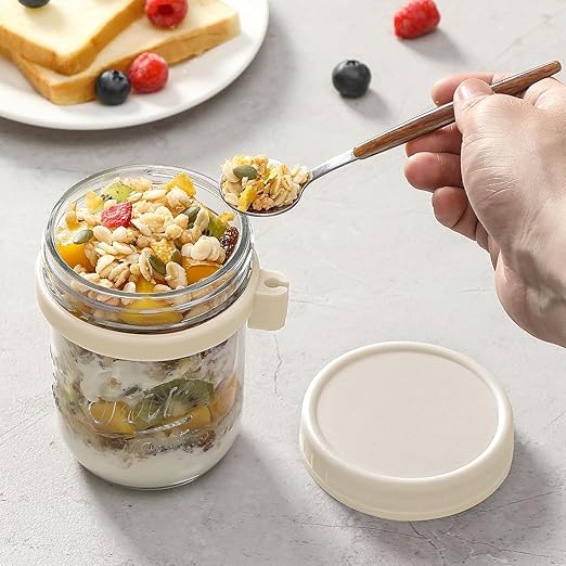 ARUZEN Overnight Oats Containers with Lids and Spoons, 16 oz Glass Mason Overnight Oats Jars, Large Capacity Airtight Jars for Milk, Cereal, Fruit PACK OF (1)