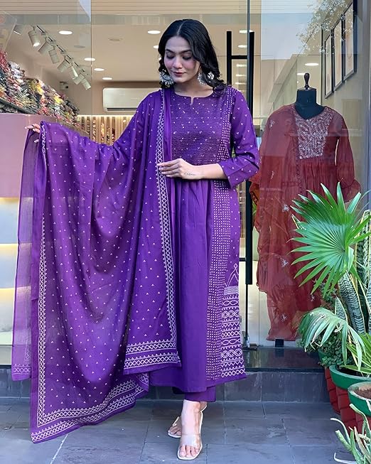 ANNI DESIGNER Women's Rayon Viscose Anarkali Printed Kurta with Pant & Dupatta (Begani)