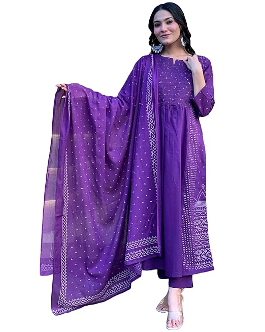 ANNI DESIGNER Women's Rayon Viscose Anarkali Printed Kurta with Pant & Dupatta (Begani)