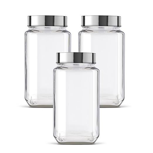 Zeinwap Glass Storage Jar | Container with Air tight Silver Metal Lid | Multipurpose Jar | For Storage of Food, Pulses, Spice, Cereals, Cookies, Dry Food (1000 ML (Pack of 3))