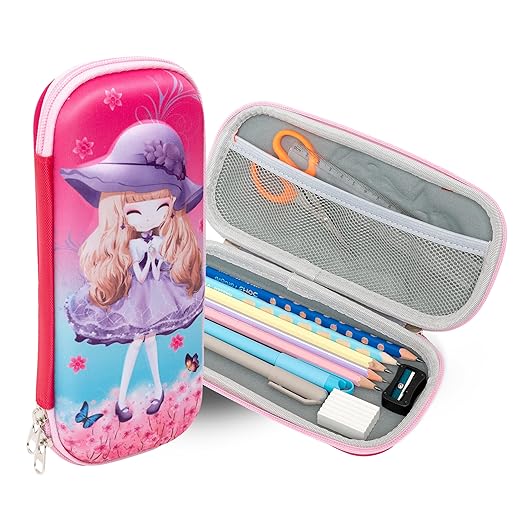 Zeinwap 3D Cover Zipper Pencil Pouch Compass with Compartments, School Supply Organizer for Students, Stationery Box, Cosmetic Zip Pouch Bag (Pink Girl)