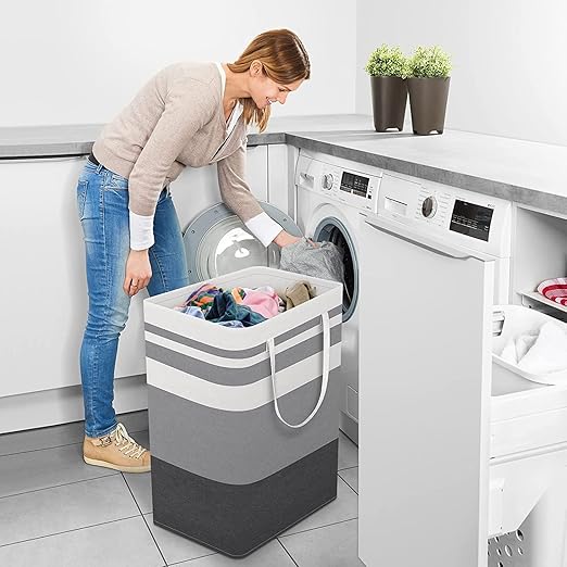 Zollyss Linen Laundry Hamper Collapsible Large Laundry Baskets With Easy Carry Handles Freestanding Storage Basket (75 Litre, Gradient Stripe) Pack of 1