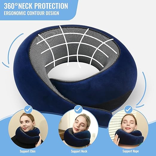 Zollyss Neck Travel Pillow | Memory Foam Neck Pillow for Comfort on Airplane | Compact and Ergonomic Design for Travel, Car Rides, and Home Use | Ideal for Adults and Kids (Pack of 1) (Blue)
