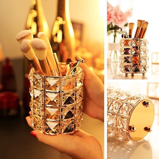 Zollyss Handcrafted Crystal Makeup Brush Holder Organizer Bling Personalized Pencil Cup Collection Cosmetic Storage Organizer for Vanity, Bathroom, Bedroom, Office Desk