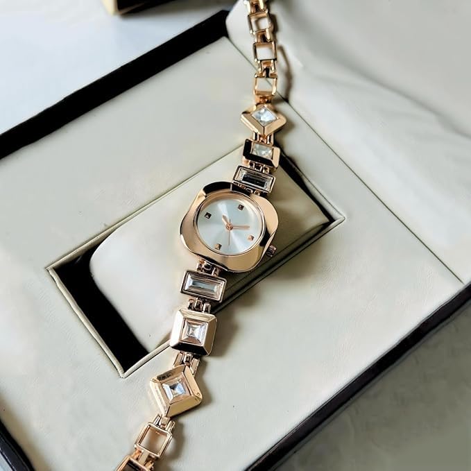 SWADESI STUFF Women’s Luxury Analog Watch – Round Dial in Square Case – Stone Studded Bracelet Strap Quartz Wrist Watch for Girls, Ladies