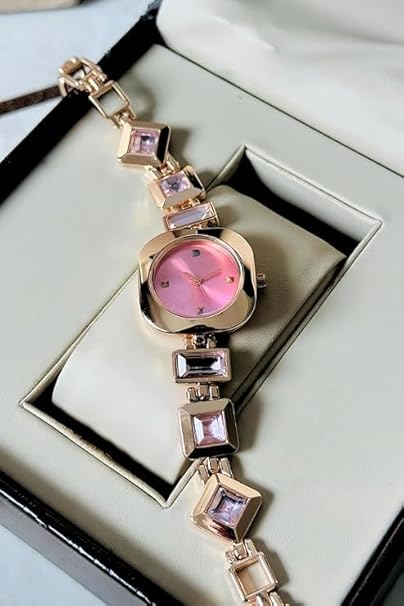 SWADESI STUFF Women’s Luxury Analog Watch – Round Dial in Square Case – Stone Studded Bracelet Strap Quartz Wrist Watch for Girls, Ladies