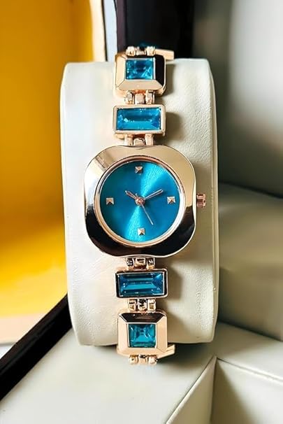 SWADESI STUFF Women’s Luxury Analog Watch – Round Dial in Square Case – Stone Studded Bracelet Strap Quartz Wrist Watch for Girls, Ladies