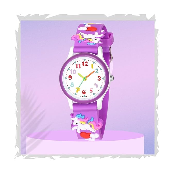 SWADESI STUFF Kids Unicorn Watch, Colourful Numbers Dial, Black Silicone Band with Rainbow Design for Girls