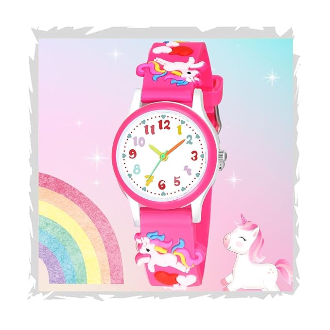 SWADESI STUFF Kids Unicorn Watch, Colourful Numbers Dial, Black Silicone Band with Rainbow Design for Girls