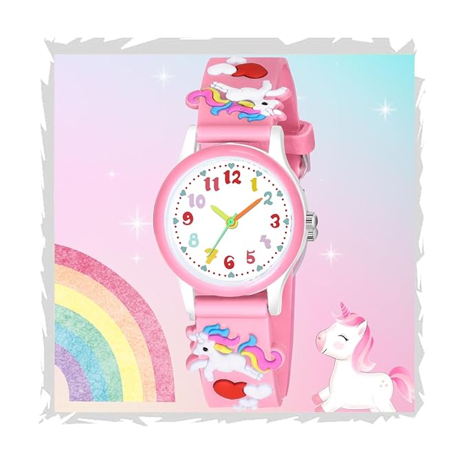 SWADESI STUFF Kids Unicorn Watch, Colourful Numbers Dial, Black Silicone Band with Rainbow Design for Girls