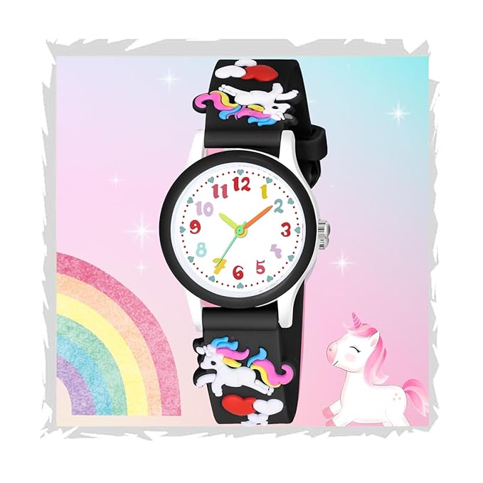 SWADESI STUFF Kids Unicorn Watch, Colourful Numbers Dial, Black Silicone Band with Rainbow Design for Girls