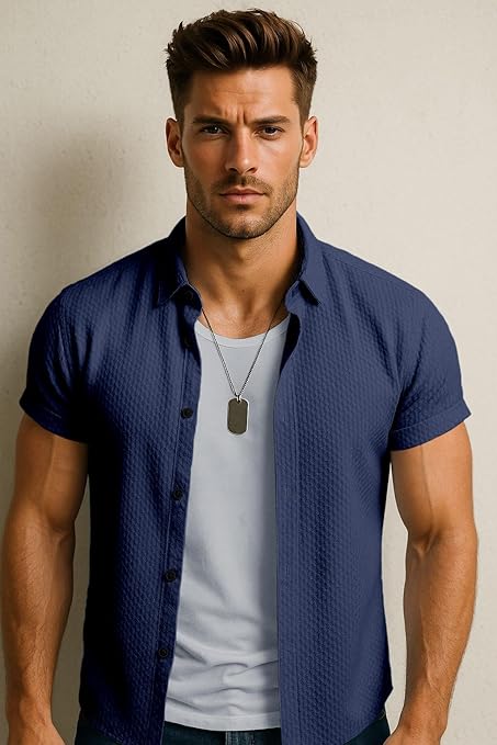 SWADESI STUFF Men's Stylish Polycotton Regular Fit Chinese Collar Half Sleeve Shirt – Solid Color