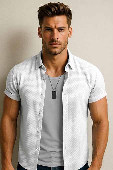 SWADESI STUFF Men's Stylish Polycotton Regular Fit Chinese Collar Half Sleeve Shirt – Solid Color