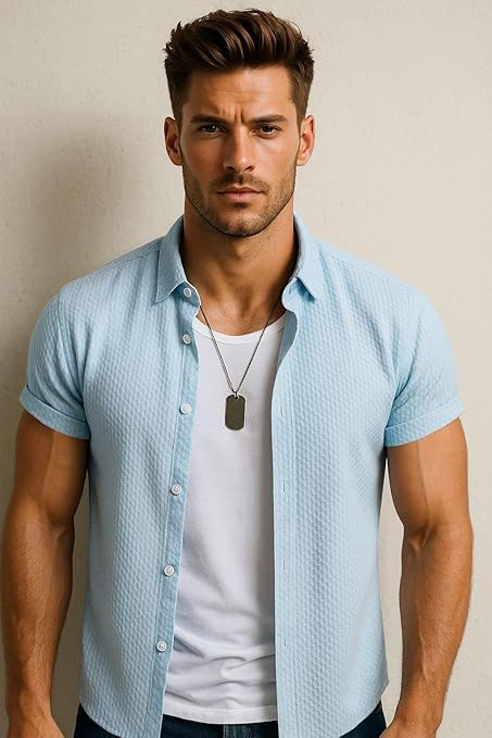 SWADESI STUFF Men's Stylish Polycotton Regular Fit Chinese Collar Half Sleeve Shirt – Solid Color