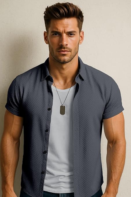 SWADESI STUFF Men's Stylish Polycotton Regular Fit Chinese Collar Half Sleeve Shirt – Solid Color
