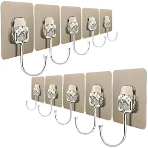 Zollyss Large Plastic Adhesive Hooks Heavy Duty Waterproof Wall Hooks for Towels Coats Kitchen Bathroom Home Office Stainless Steel Hangers No Drill Reusable Strong 5kg Sticky Hooks (Pack of 10)