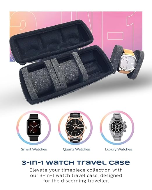 Zollyss 3 Slots Hard Watch Travel Case, Portable Nylon Zipper Storage Organizer Box for Men Women with Soft Compressible Foam Pillow, Black