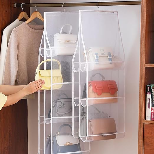 Zollyss Hanging Shelves 6 Pocket Foldable Handbag Organisers Cover Dustproof Wardrobe Storage Purse Organiser Hanging, White, Non Woven Fabric